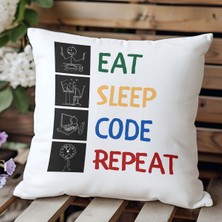 Qoeuyl Boutique Eat Sleep Code Repeat Yazılımcı Baskılı Elyaf Dolgulu Hediyelik Yastık