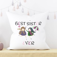 Qoeuyl Boutique Best Sister Ever No:2 Baskılı Kız Kardeş Abla Hediyelik Elyaf Dolgulu Dekoratif Yastık