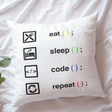 Qoeuyl Boutique Eat Sleep Code Repeat Yazılımcı Baskılı Elyaf Dolgulu Hediyelik Yastık
