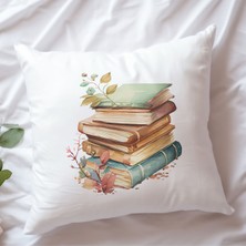Qoeuyl Boutique Vintage Kitaplar Baskılı Hediyelik Elyaf Dolgulu Saten Dekoratif Yastık