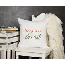 Qoeuyl Boutique Living Is So Great Baskılı Motivasyon Hediyelik Elyaf Dolgulu Dekoratif Yastık