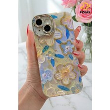 iPhone 15 Kılıf Renk Geçişli Taşlı Kamera Lens Korumalı Simli Yeşil Çiçek Desenli Darbe Emici Kapak