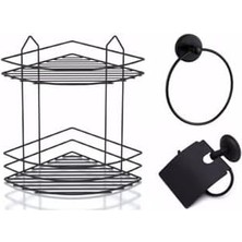 Banyo Aksesuar Seti 3'lü Siyah, Ömür Boyu Paslanmaz Köşelik Duş Rafı Şampuanlık Siyah Ek-02