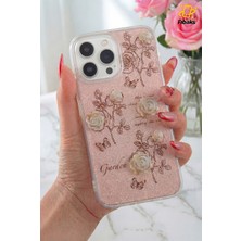 Apple iPhone 15 Pro Uyumlu Kılıf Simli Beyaz Gül Desenli Renkli Parlak Darbe Emici Kapak