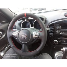 Detay Deri Direksiyon Direksiyon Kılıfı Nissan Juke Süet Noktalı Kırmızı Şeritli Kırmızı Dikiş Derisi Sökülmeden Yapılır