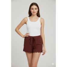 ModaSize Bambu Fitilli Kadın Ev Şortu Bacak Dantel Detaylı Ev Giyim Koyu Taba