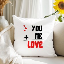 Qoeuyl Boutique You + Me = Love Baskılı Eş Sevgili Romantik Hediyelik Elyaf Saten Dekoratif Yastık