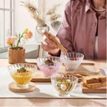 Cam Kase Seti – Çizgili Desenli, 6’lı Servis ve Tatlı Kasesi, Salata, Meze, Çerez ve Dondurma Için Şık Sofra Gereci