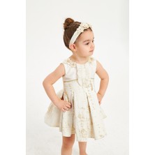 Baby Hola Kız Çocuk Abiye Elbise Balo&Özel Gün Altın Biye ve Çiçek Detaylı Jakar Hediye Taçlı Babyhola