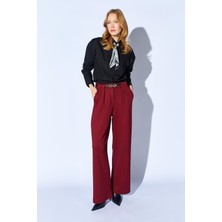 Tena Kadın Bordo Içten Kemerli Bol Paça Yün Efekt Pantolon
