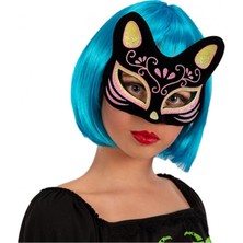 Go İthalat Siyah Renk Süet Kaplama Üzeri Sarı Pembe Simli Kedi Maskesi 17X14 cm (784)