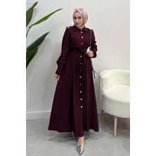 Tesettür Diyarı Boydan Düğmeli Tril Tril Yazlık Kumaş Tesettür Elbise- Bordo