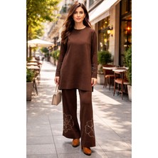 Lale Butik Kolları ve Paçası Taş Işleme Detay Sıfır Yaka Triko Takım 17019 Kahverengi