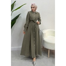 Tesettür Diyarı Boydan Düğmeli Tril Tril Yazlık Kumaş Tesettür Elbise- Haki