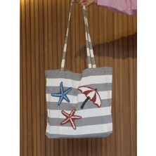 Arcosta El Yapımı Punch Nakışlı Plaj Çantası - Deniz Yıldızı ve Şemsiye Desenli Yazlık Tote Bag