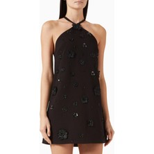 Alexis Milaa Siyah Boncuk Işlemeli Halter Yaka Mini Elbise, Lüks ve Işıltılı