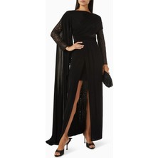 AC BY AANCHAL CHANDA Siyah Payetli Drapeli Elbise, Işıltılı ve Cesur Gece Şıklığı