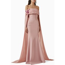 21SIX Kadın Vana Krep ve Şifon Omuz Açık Uzun Elbise