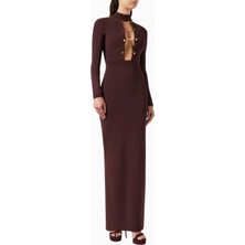 Elisabetta Franchi Jewel Yüksek Yakalı, Açık Sırtlı Maxi Triko Elbise