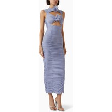 Flower Bloom Midi Dress, 3D Çiçek Detaylı Şık Elbise