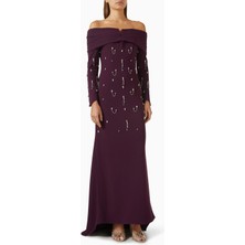 AC BY AANCHAL CHANDA Kristal Işlemeli Omuz Açık Elbise, Koyu Mor