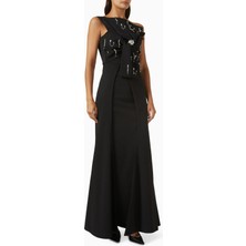 AC BY AANCHAL CHANDA Siyah Kristal Işlemeli Tek Omuzlu Elbise, Modern Zarafet