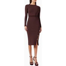 Elisabetta Franchi Zincir ve Taş Detaylı Burgundy, Triko Midi Elbise