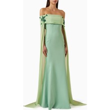 21SIX Kadın Vana Krep ve Şifon Omuz Açık Uzun Elbise