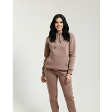 Veleno Kahverengi Kadın 3 Iplik Içi Pamuklu Kanguru Eşofman Takımı Kışlık Yumuşacık Dokulu Polarlı Yünlü
