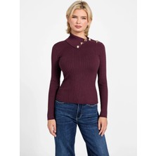 Guess Uzun Kollu Balıkçı Yaka Priscilla Saç Örgü Fitilli Triko Kadın Bordo Triko W6RR07Z2YK2-RGP