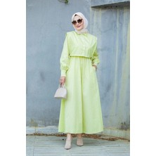 Tesettür Diyarı Cepken Detaylı Çizgi Desenli Pamuk Tesettür Elbise- Yeşil