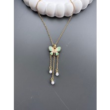 Gözde Aksesuarım Incili Sallantılı Yeşil Kelebek Kolye Çelik