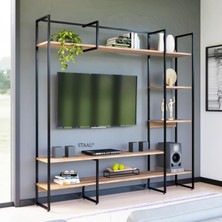 Mavi Trend Metal Tv Ünitesi, Tv Sehpası, Duvar Ünitesi Atlantik Çam Metal Ayaklı Siyah 200X34X185