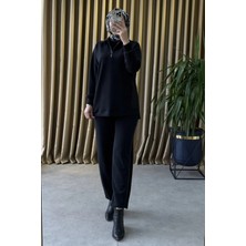 Tığ Triko Pile Özellikli Pantolonlu Takım Siyah