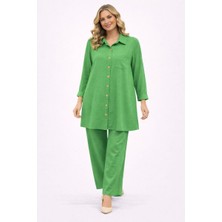 BezeXL Büyük Beden Eteği Lastikli Keten Ikili Takım Yeşil