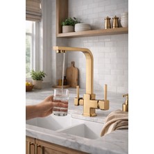Rena Design Mat Gold Arıtmalı Mutfak Eviye Bataryası 3 Yollu Kare Mutfak Musluk Prinç Garantili Altın Armatür