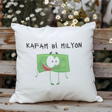 Qoeuyl Boutique Kafam Bi Milyon Baskılı Komik Hediyelik Elyaf Saten Dekoratif Yastık