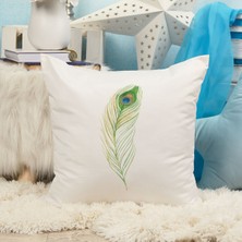 Qoeuyl Boutique Tavus Kuşu Tüyü Baskılı  Hediyelik Elyaf Saten Dekoratif Yastık