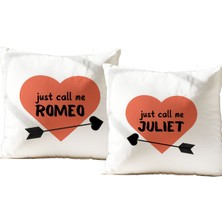 Qoeuyl Boutique Romeo Juliet Ikili Baskılı Eş Sevgili Romantik Hediyelik Elyaf Saten Dekoratif Yastık