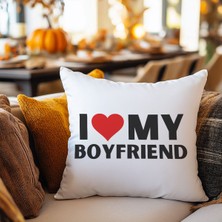 Qoeuyl Boutique I Love My Boyfriend Baskılı Eş Sevgili Romantik Hediyelik Elyaf Saten Dekoratif Yastık