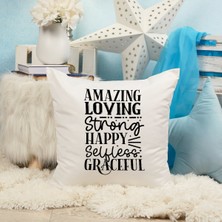 Qoeuyl Boutique Amazing Loving Strong Baskılı Anneler Günü Hediyelik Elyaf Dolgulu Saten Dekoratif Yastık