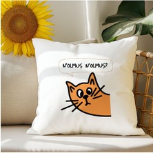 Qoeuyl Boutique Nolmuş Meraklı Kedi Baskılı Komik Hediyelik Elyaf Saten Dekoratif Yastık