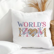 Qoeuyl Boutique World's Best Mom Baskılı Anneler Günü Hediyelik Elyaf Dolgulu Saten Dekoratif Yastık