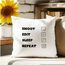 Qoeuyl Boutique Shoot Edit Sleep Repeat Baskılı Fotoğrafçı Hediyelik Elyaf Saten Dekoratif Yastık