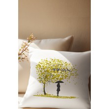 Qoeuyl Boutique Kalp Yapraklı Hayat Ağacı ve Kuş Baskılı Romantik Hediyelik Elyaf Dolgulu Saten Dekoratif Yastık