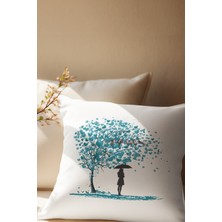 Qoeuyl Boutique Kalp Yapraklı Hayat Ağacı ve Kuş Baskılı Romantik Hediyelik Elyaf Dolgulu Saten Dekoratif Yastık