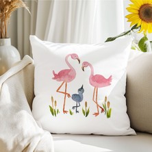 Qoeuyl Boutique Flamingo Bahçesi Baskılı  Hediyelik Elyaf Saten Dekoratif Yastık