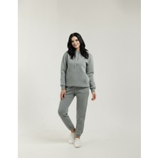 Veleno Gri Kadın 3 Iplik Içi Pamuklu Kanguru Eşofman Takımı Kışlık Yumuşacık Dokulu Polarlı Yünlü