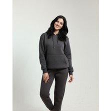 Veleno Füme Kadın 3 Iplik Içi Pamuklu Kanguru Eşofman Takımı Kışlık Yumuşacık Dokulu Polarlı Yünlü