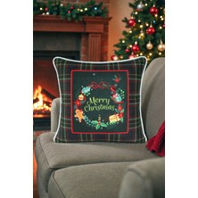 Visionario Kırlent Kılıfı Yılbaşı Temalı Merry Christmas 45X45 Raşel Örme Kadife Dijital Baskı Beyaz Biyeli